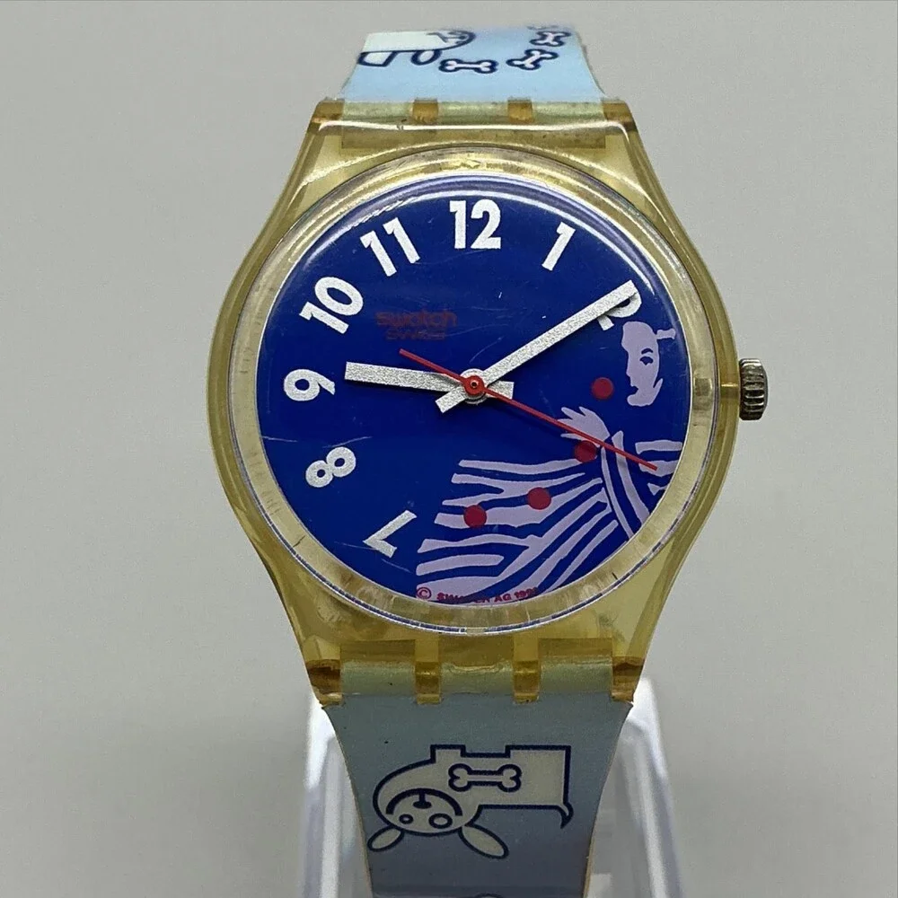 Swatch Gruau GK147 Men Watch 34mm Blue Dial Yellow Case Dog Print New Battery